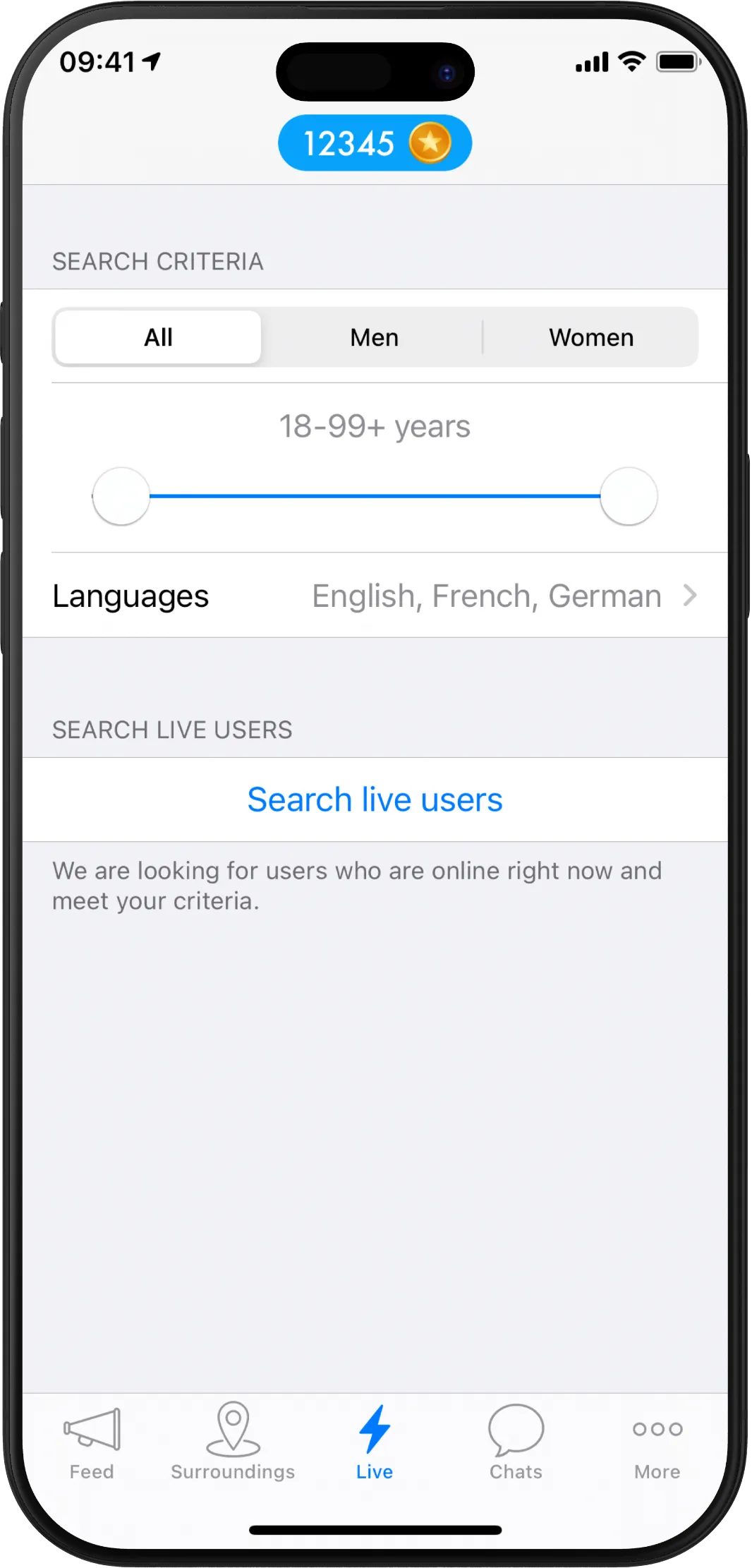 Twiq-Livesuche mit Kriterien für Geschlecht, Alter und Sprachen