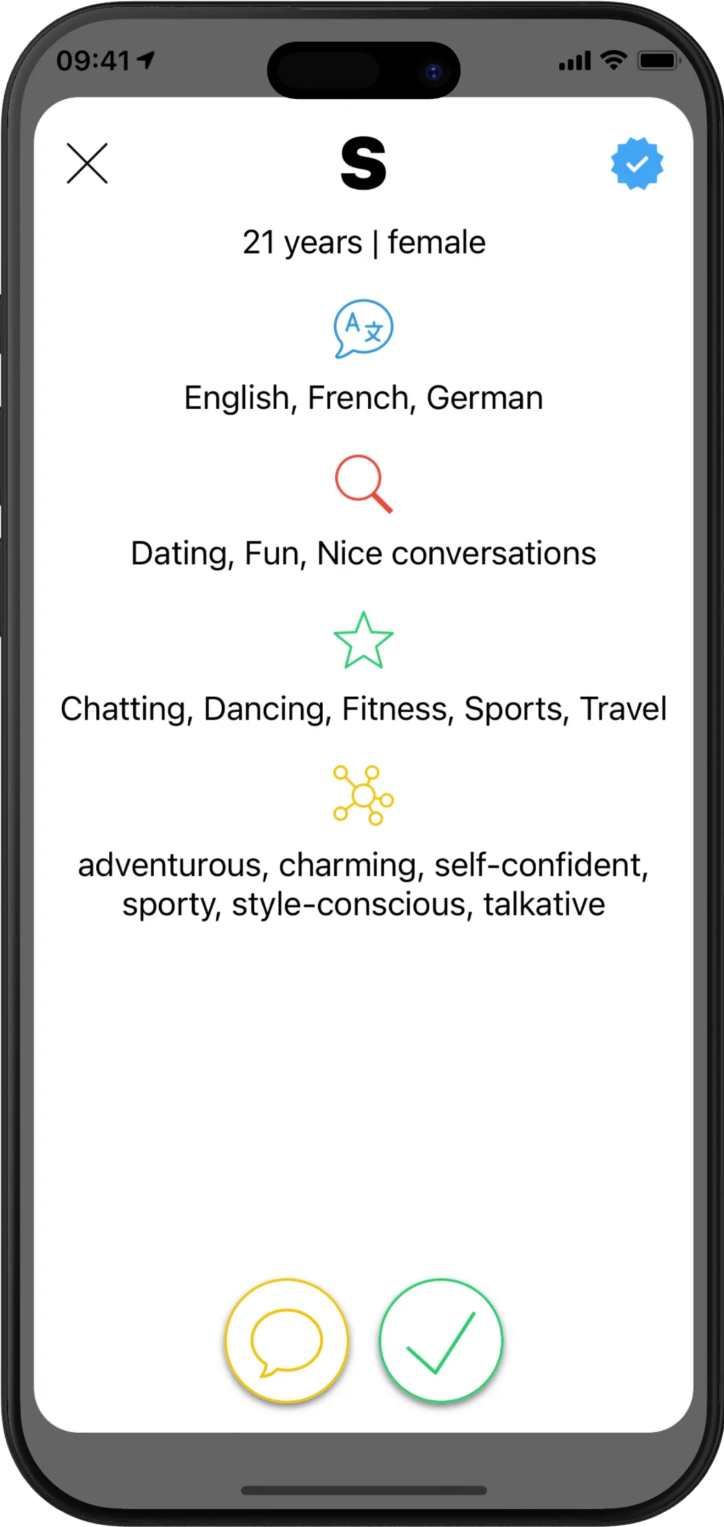 Twiq-Profil mit Sprachen, Interessen und Eigenschaften